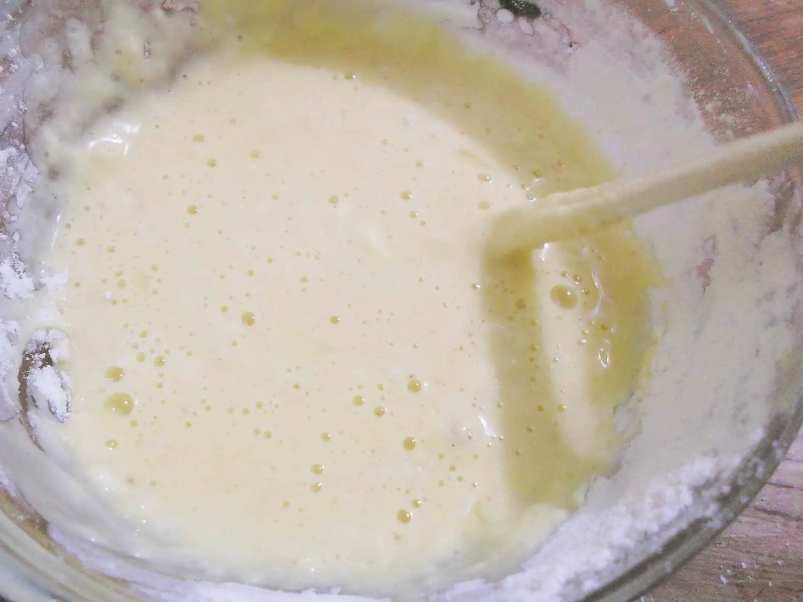 The batter should be smooth but not over-mixed to prevent the pancake from becoming tough and rubbery.